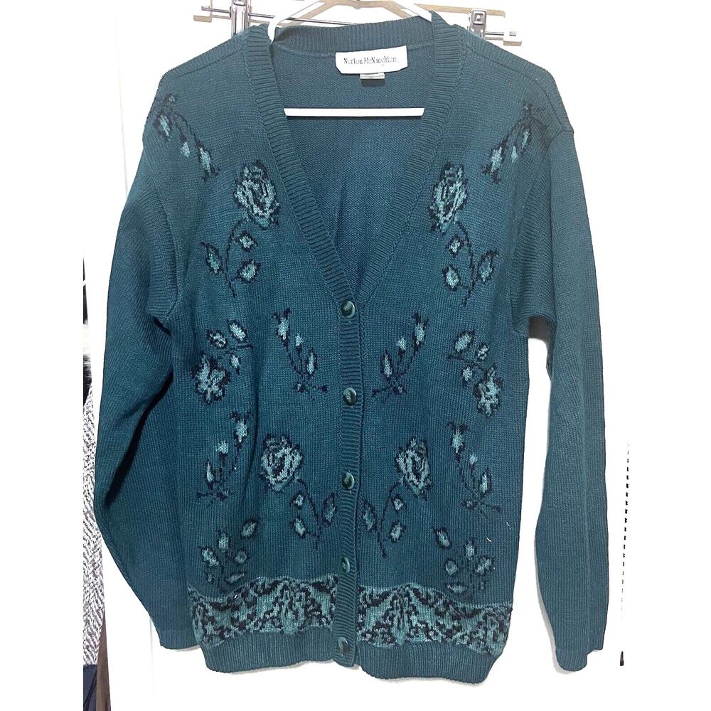 Vintage Norton McNaughton Forest Green Cardigan Sweater Floral Womens Small USA